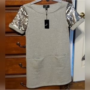 Ronni Nicole Grey Dress With Silver Sequin Sleeves , size Small, NWT